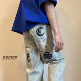 Men Jeans Embroidered Jeans Ripped Men's Summer Baggy Straight Trousers